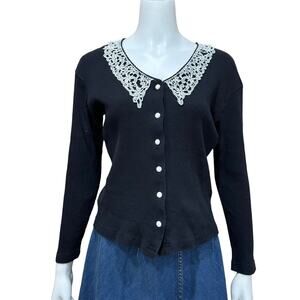 Vintage 80s Lace Collar Cardigan Cottagecore Sweater